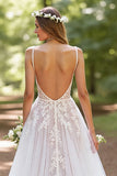 Ivory Tulle A Line Corset Sweep Train V-Neck Wedding Dress with Lace