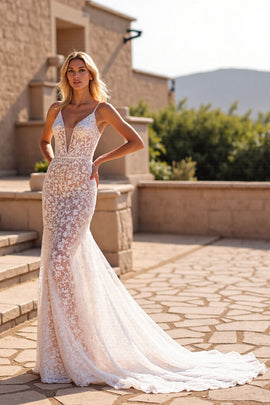 Ivory Lace Spaghetti Straps Mermaid Sweep Train Wedding Dress