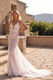 Ivory Lace Spaghetti Straps Mermaid Sweep Train Wedding Dress