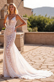 Ivory Lace Spaghetti Straps Mermaid Sweep Train Wedding Dress