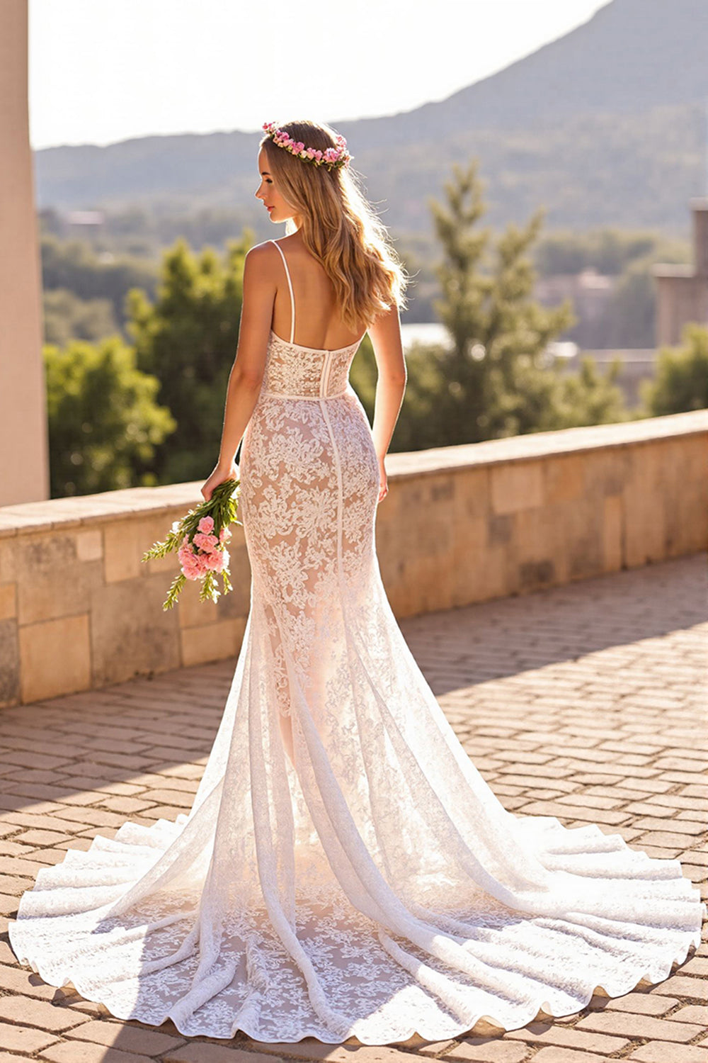 Ivory Lace Spaghetti Straps Sweep Train Mermaid Boho Wedding Dress