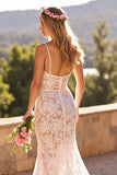 Ivory Lace Spaghetti Straps Sweep Train Mermaid Boho Wedding Dress