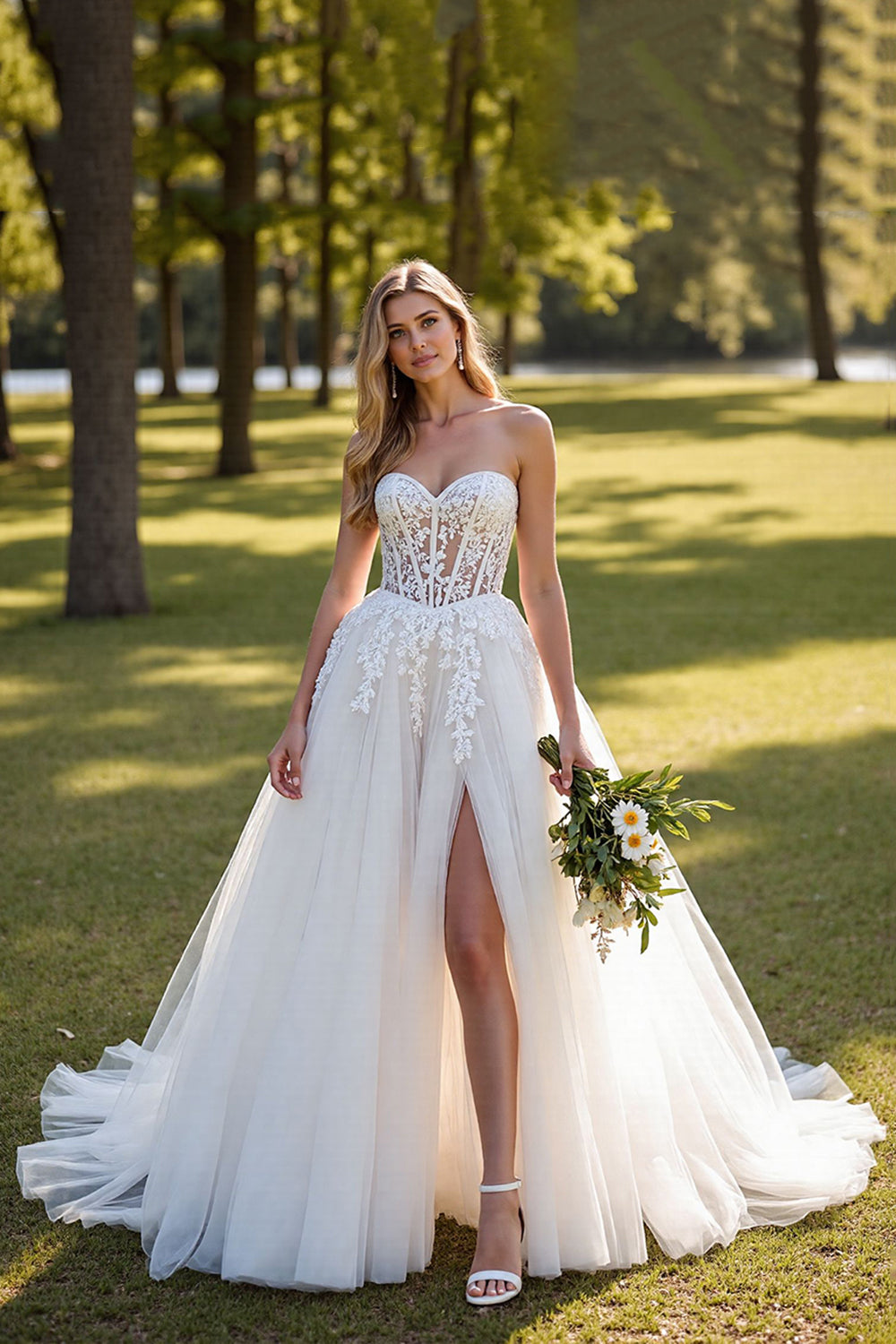 Ivory Sweetheart Tulle Sweep Train Corset Wedding Dress with Lace