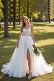 Ivory Sweetheart Tulle Sweep Train Corset Wedding Dress with Lace