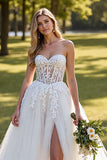 Ivory Sweetheart Tulle Sweep Train Corset Wedding Dress with Lace