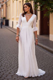 Ivory V-Neck Chiffon Sweep Train Ruffled Boho Wedding Dress with Half Sleeves