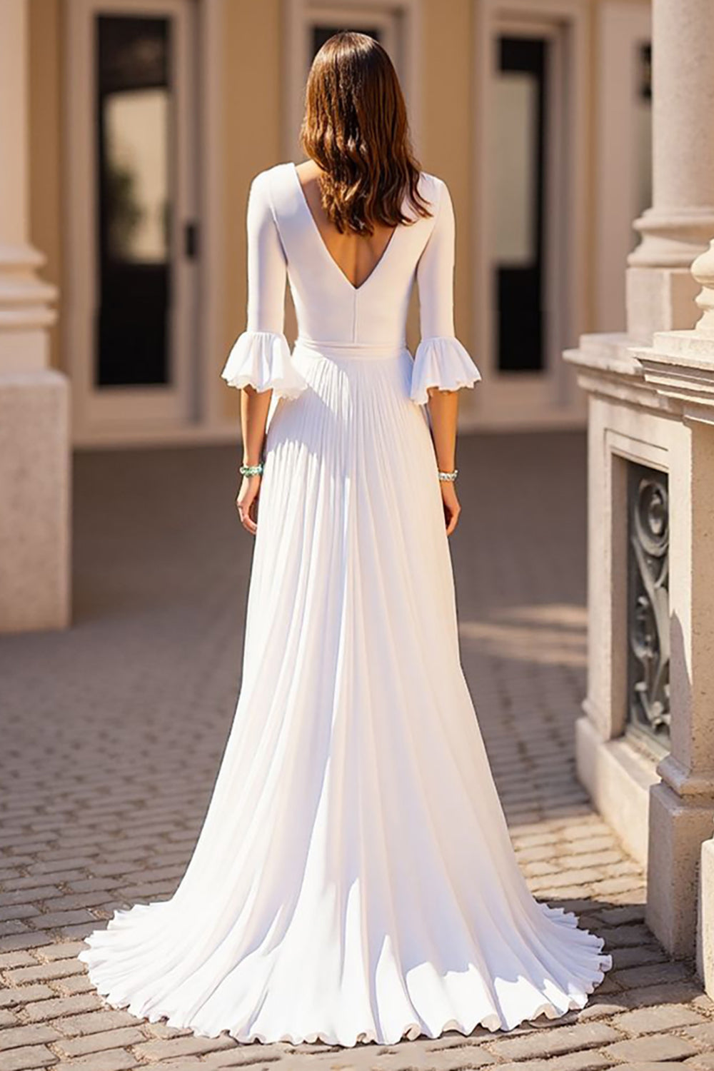 Ivory V-Neck Chiffon Sweep Train Ruffled Boho Wedding Dress with Half Sleeves