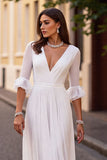 Ivory V-Neck Chiffon Sweep Train Ruffled Boho Wedding Dress with Half Sleeves