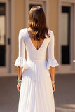 Ivory V-Neck Chiffon Sweep Train Ruffled Boho Wedding Dress with Half Sleeves