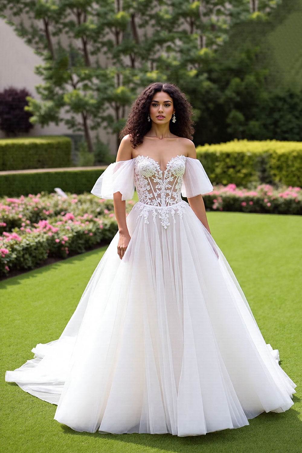 Ivory Off the Shoulder Tulle Corset Sweep Train Wedding Dress with Lace