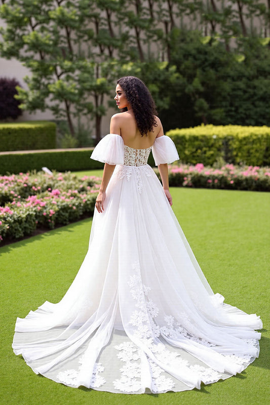 Ivory Off the Shoulder Tulle Corset Sweep Train Wedding Dress with Lace