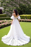 Ivory Off the Shoulder Tulle Corset Sweep Train Wedding Dress with Lace