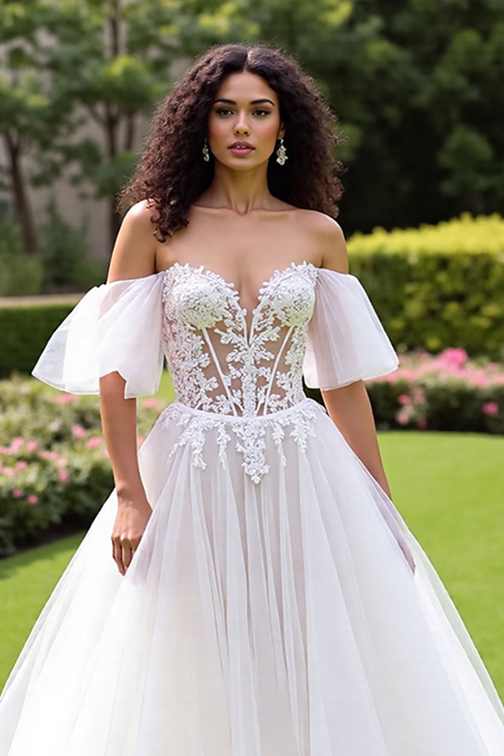 Ivory Off the Shoulder Tulle Corset Sweep Train Wedding Dress with Lace