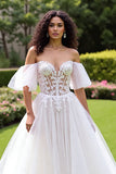Ivory Off the Shoulder Tulle Corset Sweep Train Wedding Dress with Lace