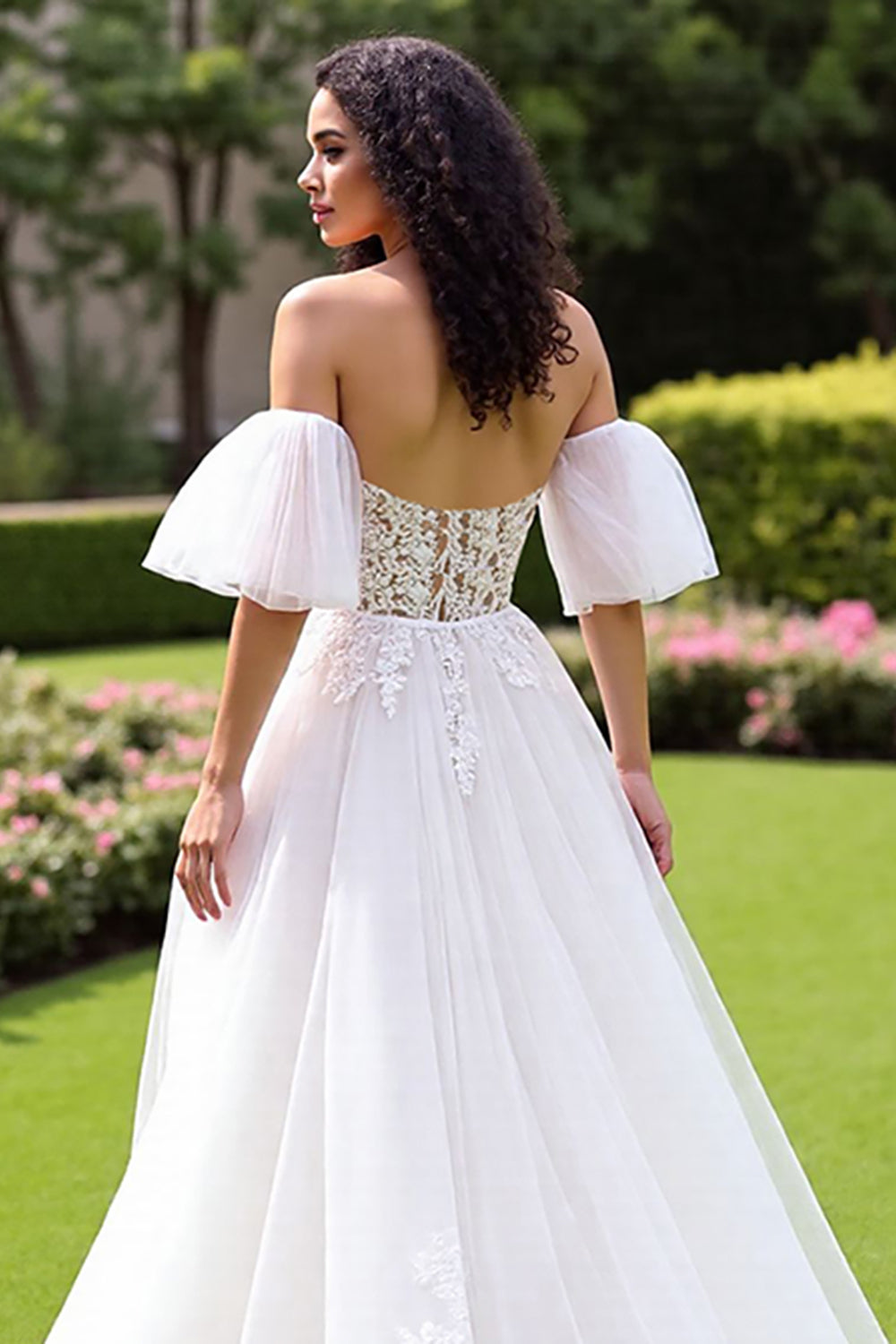 Ivory Off the Shoulder Tulle Corset Sweep Train Wedding Dress with Lace