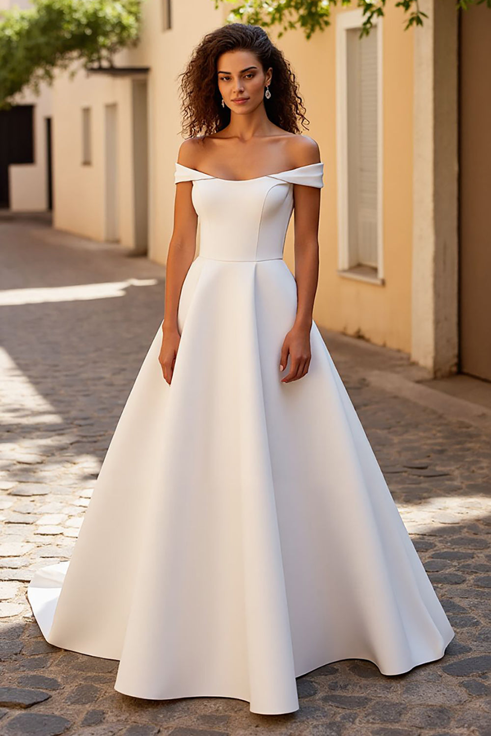 Simple Ivory Off the Shoulder A Line Satin Sweep Train Wedding Dress