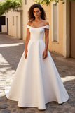 Simple Ivory Off the Shoulder A Line Satin Sweep Train Wedding Dress