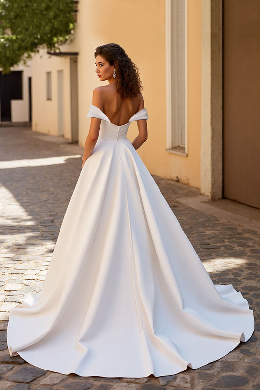 Simple Ivory Off the Shoulder A Line Satin Sweep Train Wedding Dress