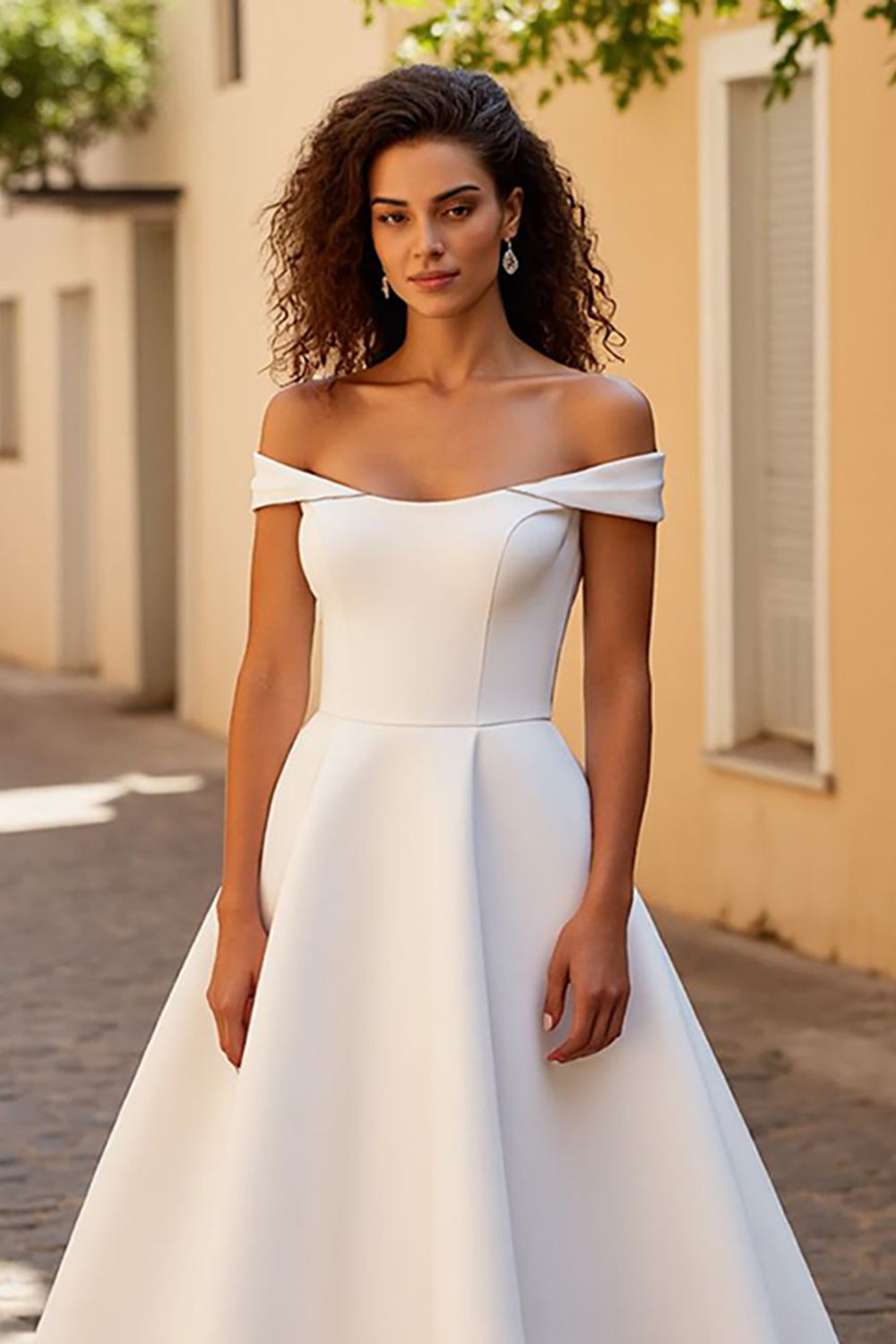Simple Ivory Off the Shoulder A Line Satin Sweep Train Wedding Dress