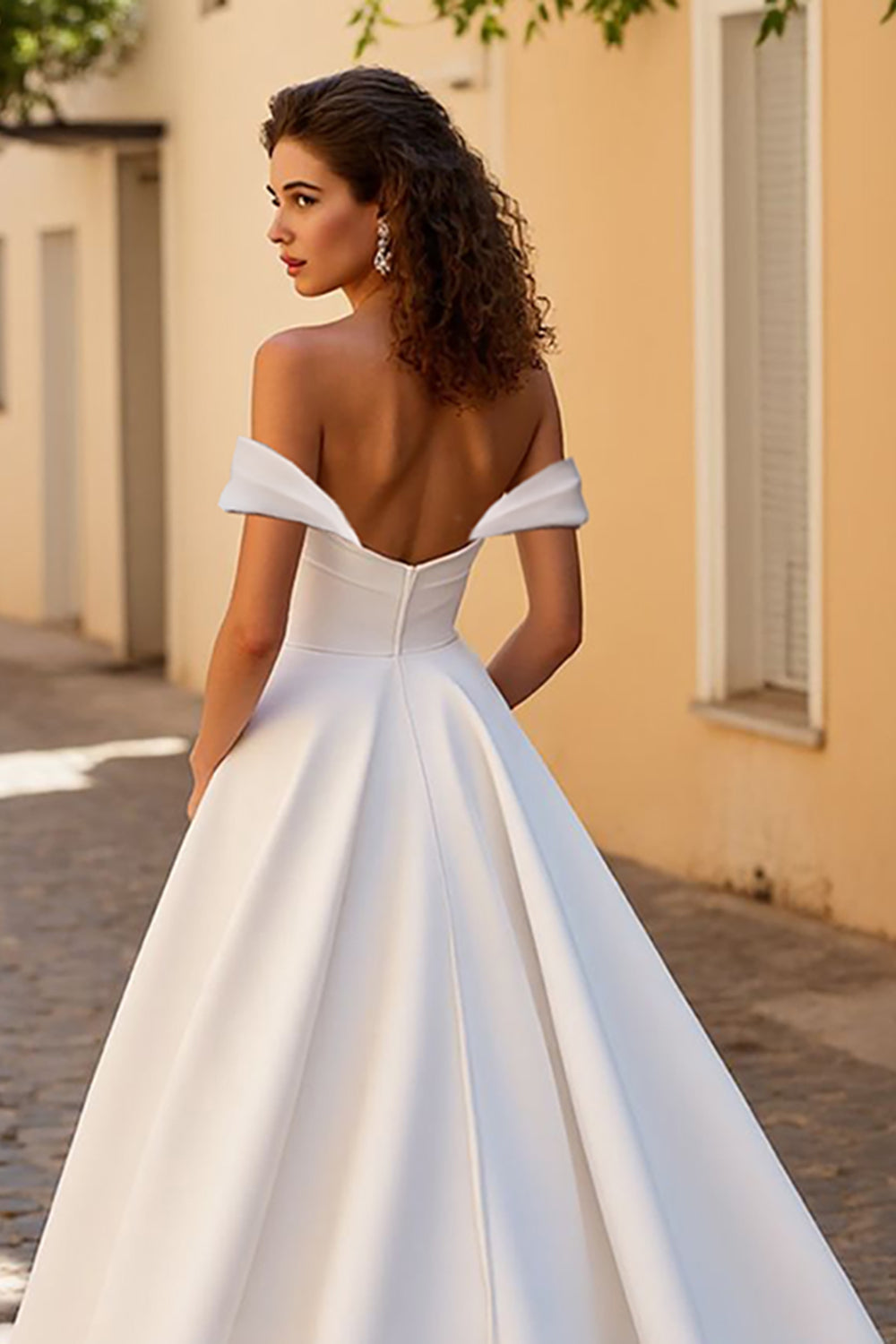 Simple Ivory Off the Shoulder A Line Satin Sweep Train Wedding Dress