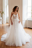 Ivory Corset Spaghetti Straps Tulle Sweep Train Wedding Dress with Appliques