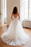 Ivory Corset Spaghetti Straps Tulle Sweep Train Wedding Dress with Appliques