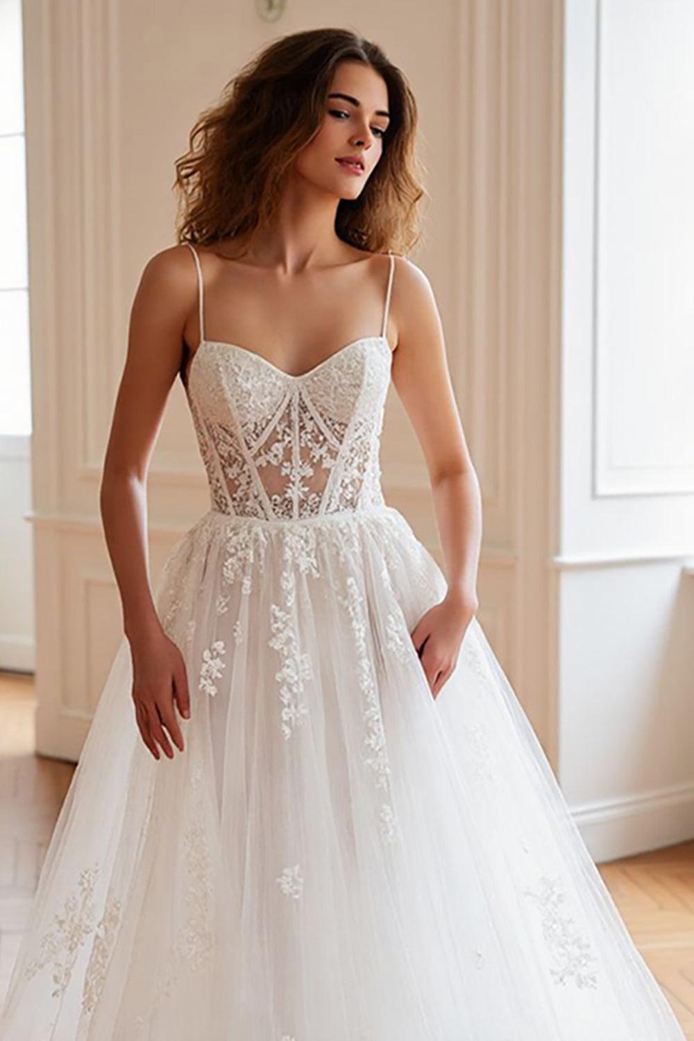 Ivory Corset Spaghetti Straps Tulle Sweep Train Wedding Dress with Appliques
