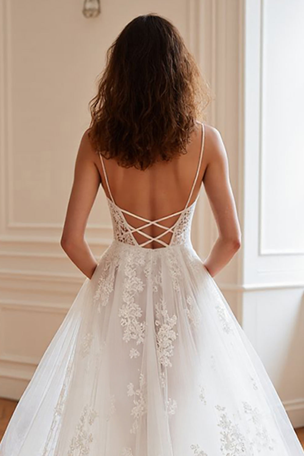 Ivory Corset Spaghetti Straps Tulle Sweep Train Wedding Dress with Appliques