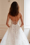 Ivory Corset Spaghetti Straps Tulle Sweep Train Wedding Dress with Appliques