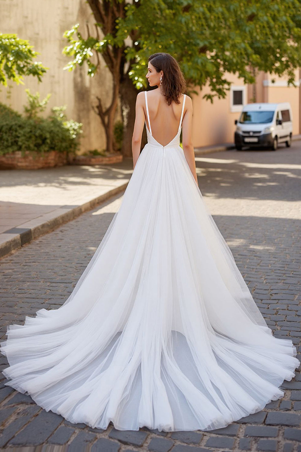 Simple Ivory V-Neck A Line Tulle Sweep Train Wedding Dress