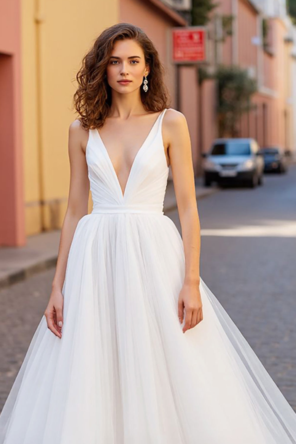 Simple Ivory V-Neck A Line Tulle Sweep Train Wedding Dress