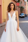 Simple Ivory V-Neck A Line Tulle Sweep Train Wedding Dress