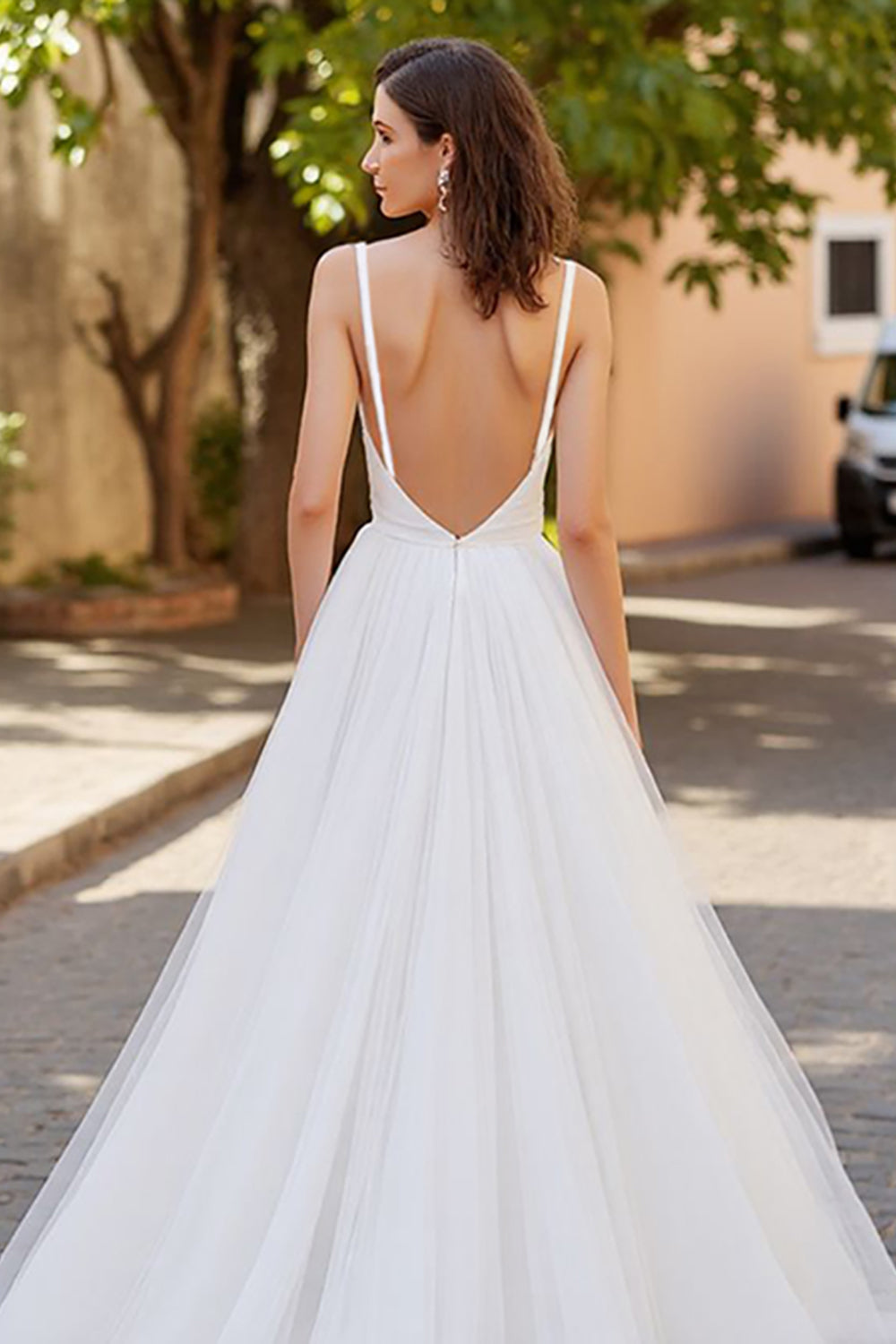 Simple Ivory V-Neck A Line Tulle Sweep Train Wedding Dress