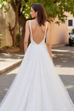 Simple Ivory V-Neck A Line Tulle Sweep Train Wedding Dress