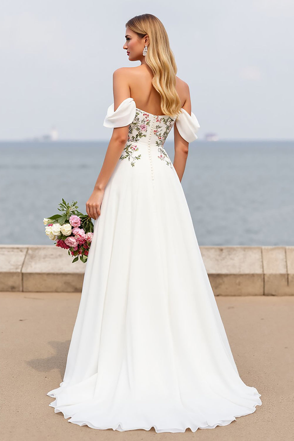 Ivory Off the Shoulder A Line Floral Sweep Train Chiffon Wedding Dress with Slit