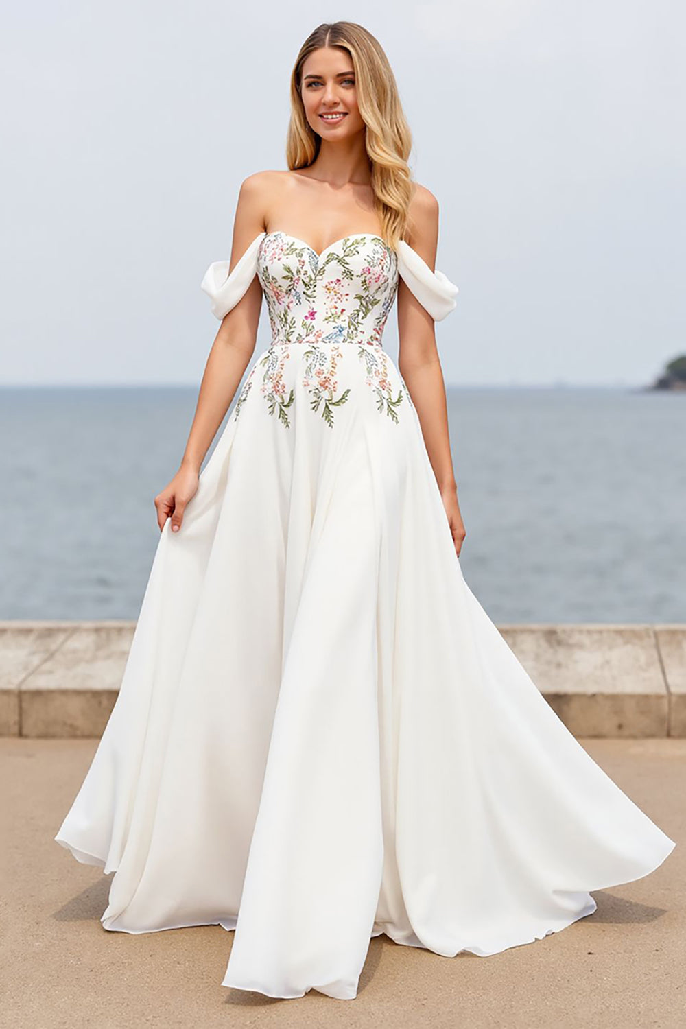 Ivory Off the Shoulder A Line Floral Sweep Train Chiffon Wedding Dress with Slit