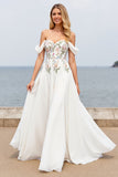 Ivory Off the Shoulder A Line Floral Sweep Train Chiffon Wedding Dress with Slit
