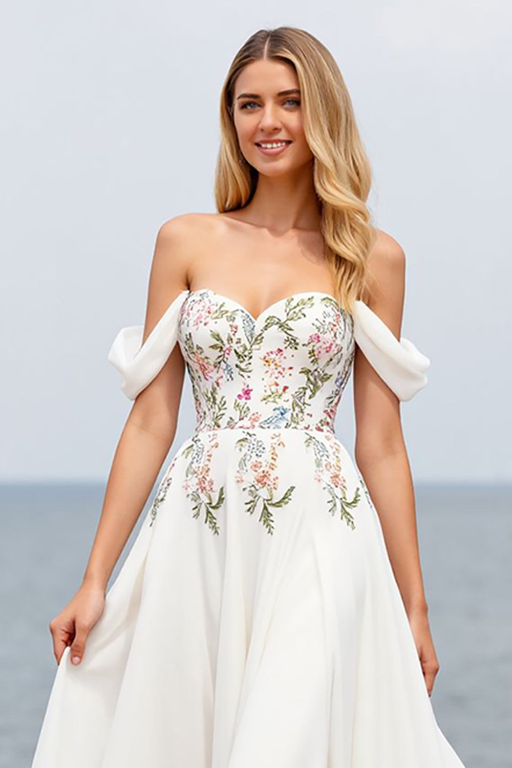Ivory Off the Shoulder A Line Floral Sweep Train Chiffon Wedding Dress with Slit