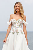 Ivory Off the Shoulder A Line Floral Sweep Train Chiffon Wedding Dress with Slit