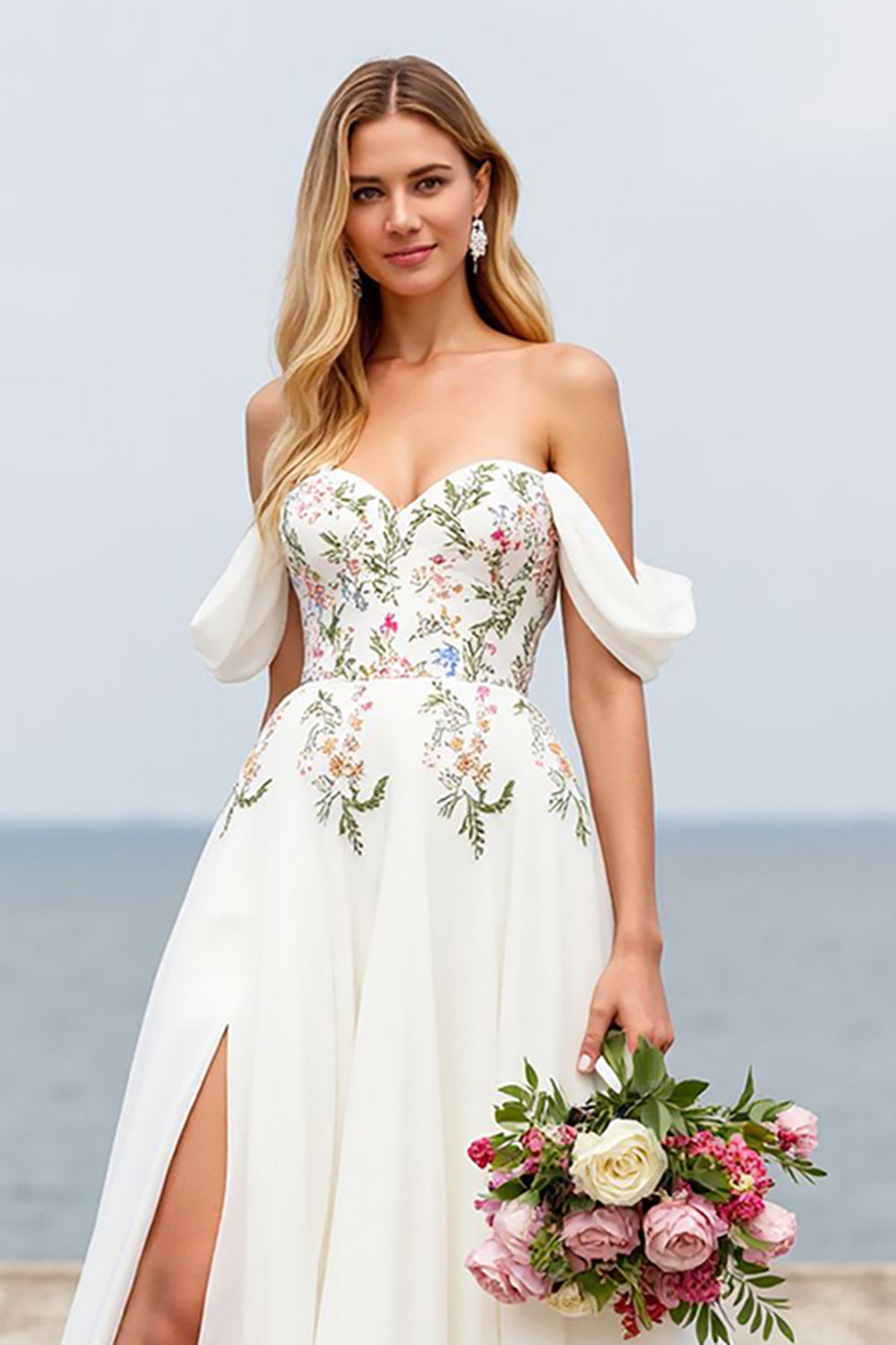 Ivory Off the Shoulder A Line Floral Sweep Train Chiffon Wedding Dress with Slit