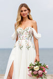 Ivory Off the Shoulder A Line Floral Sweep Train Chiffon Wedding Dress with Slit