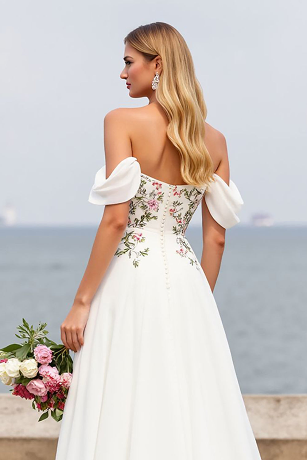 Ivory Off the Shoulder A Line Floral Sweep Train Chiffon Wedding Dress with Slit