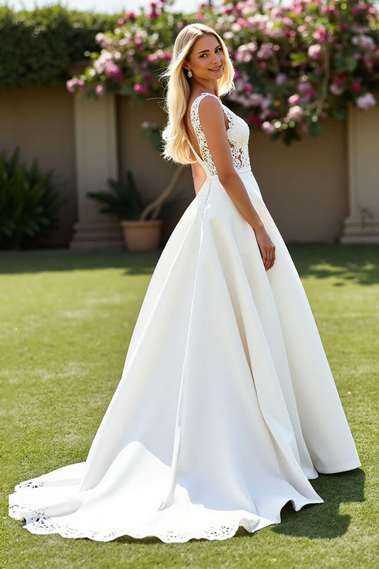 Ivory A Line V-Neck Sweep Train Satin Wedding Dress with Lace