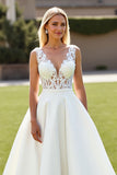Ivory A Line V-Neck Sweep Train Satin Wedding Dress with Lace