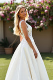 Ivory A Line V-Neck Sweep Train Satin Wedding Dress with Lace