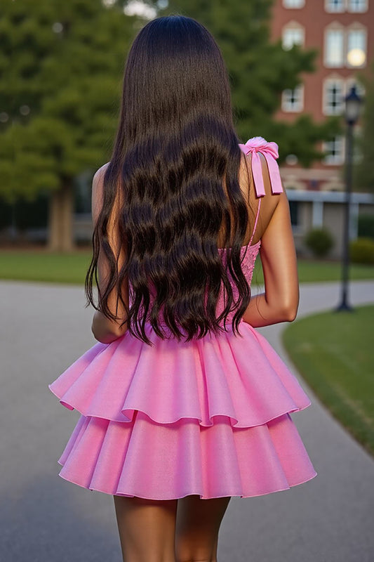 Glitter Pink Corset Short Tiered Homecoming Dress with Lace
