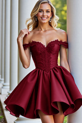 Zapakasa Women Burgundy Satin Corset Short Homecoming Dress with Lace A Line Off the Shoulder Cocktail Dress Zapakasa Women Burgundy Satin Corset Short Homecoming Dress with Lace A Line Off the Shoulder Cocktail Dress