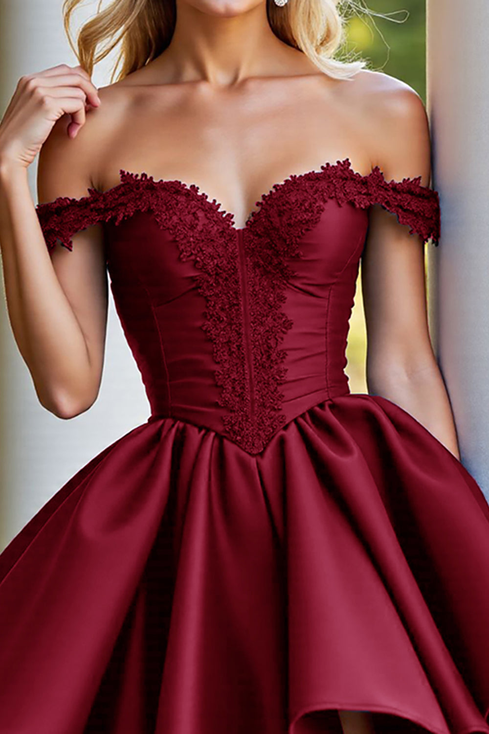 Zapakasa Women Burgundy Satin Corset Short Homecoming Dress with Lace A Line Off the Shoulder Cocktail Dress Zapakasa Women Burgundy Satin Corset Short Homecoming Dress with Lace A Line Off the Shoulder Cocktail Dress