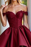 Burgundy A Line Satin Corset Short Homecoming Dress with Lace