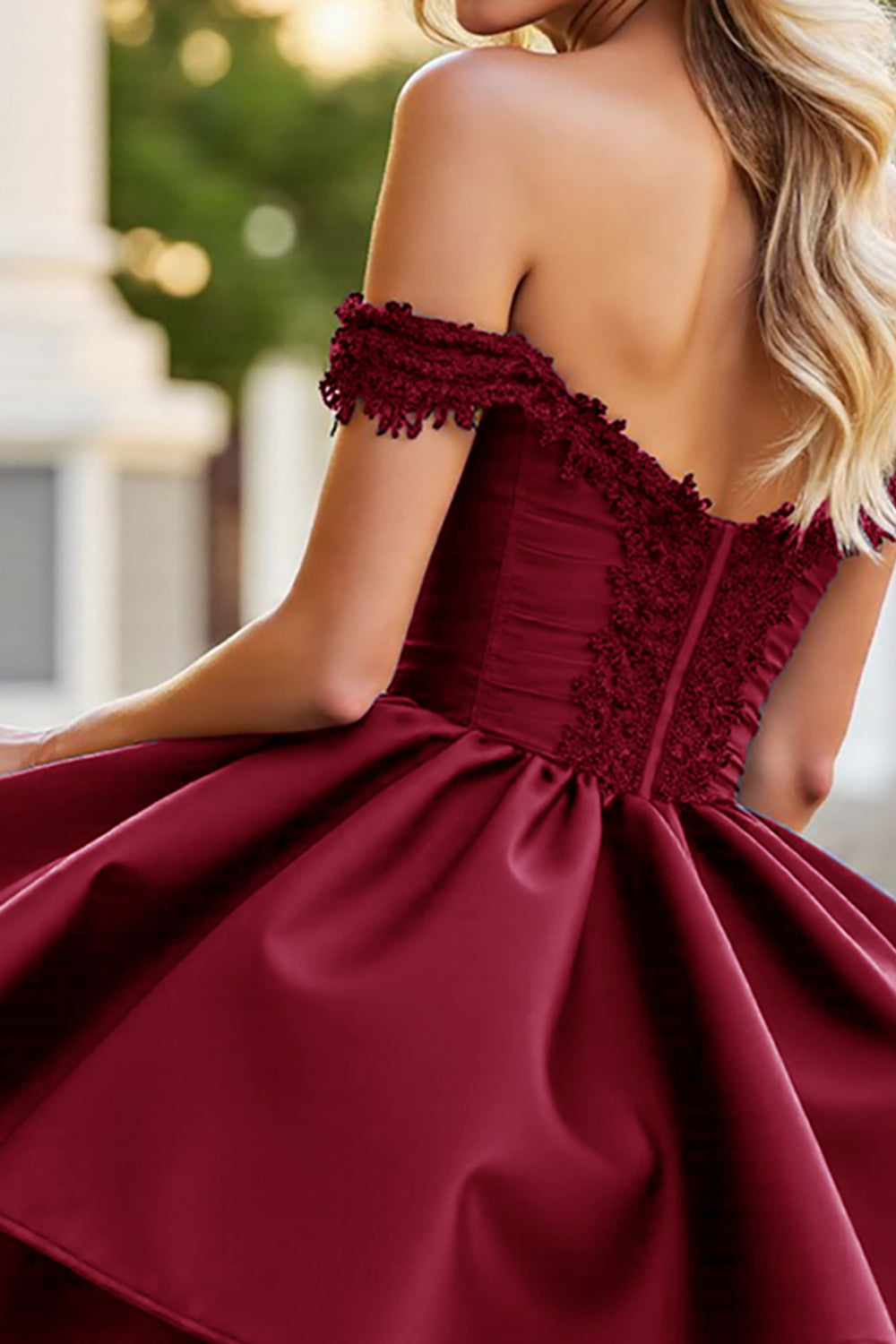 Zapakasa Women Burgundy Satin Corset Short Homecoming Dress with Lace A Line Off the Shoulder Cocktail Dress Zapakasa Women Burgundy Satin Corset Short Homecoming Dress with Lace A Line Off the Shoulder Cocktail Dress